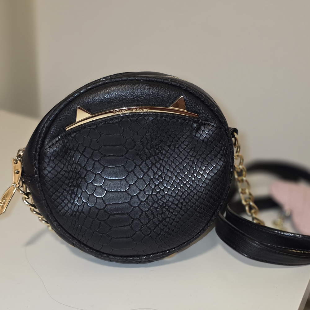 Betsey Johnson Black Kitty Ear Gold Hardwear Fauc Crock Textured Crossbody Bag